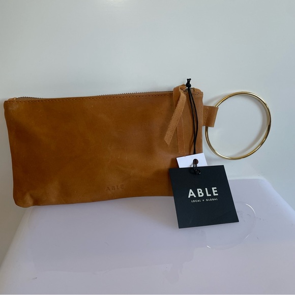 Able Handbags - ABLE Fozi Wristlet Conac Suede Clutch with Gold Ring